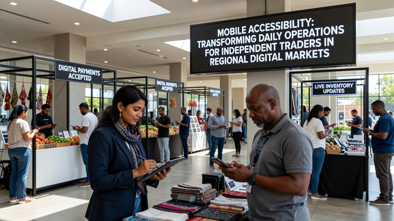 Mobile accessibility features in use by traders reviewing orders and adjusting listings in a busy regional marketplace